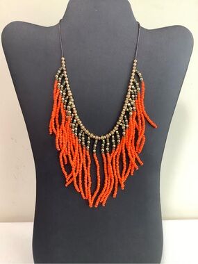 Vibrant Orange Beaded Fringe Necklace with Gold Accents